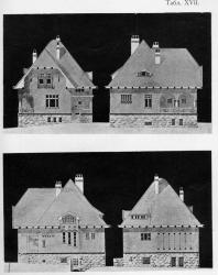 Четыре фасада небольшого каменного на гранитном фундаменте особняка. На стенах орнаментация из цветного изразца. Иллюстрация из книги Стори В.Г. «Дачная архитектура за границей». 1913